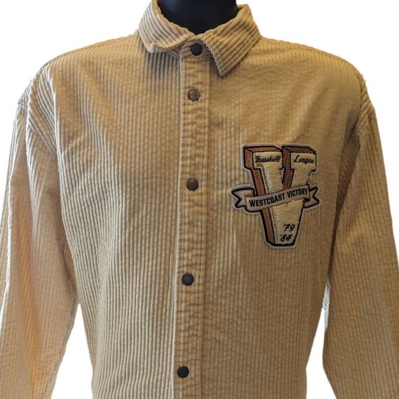 H&M Varsity Corduroy Shirt Jacket Mens Medium Snap Button Embroidered SF Tiger - Picture 1 of 16